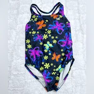 Speedo Kids' One Piece Swimsuit Black with Neon Floral‎ and Butterflies Size 8